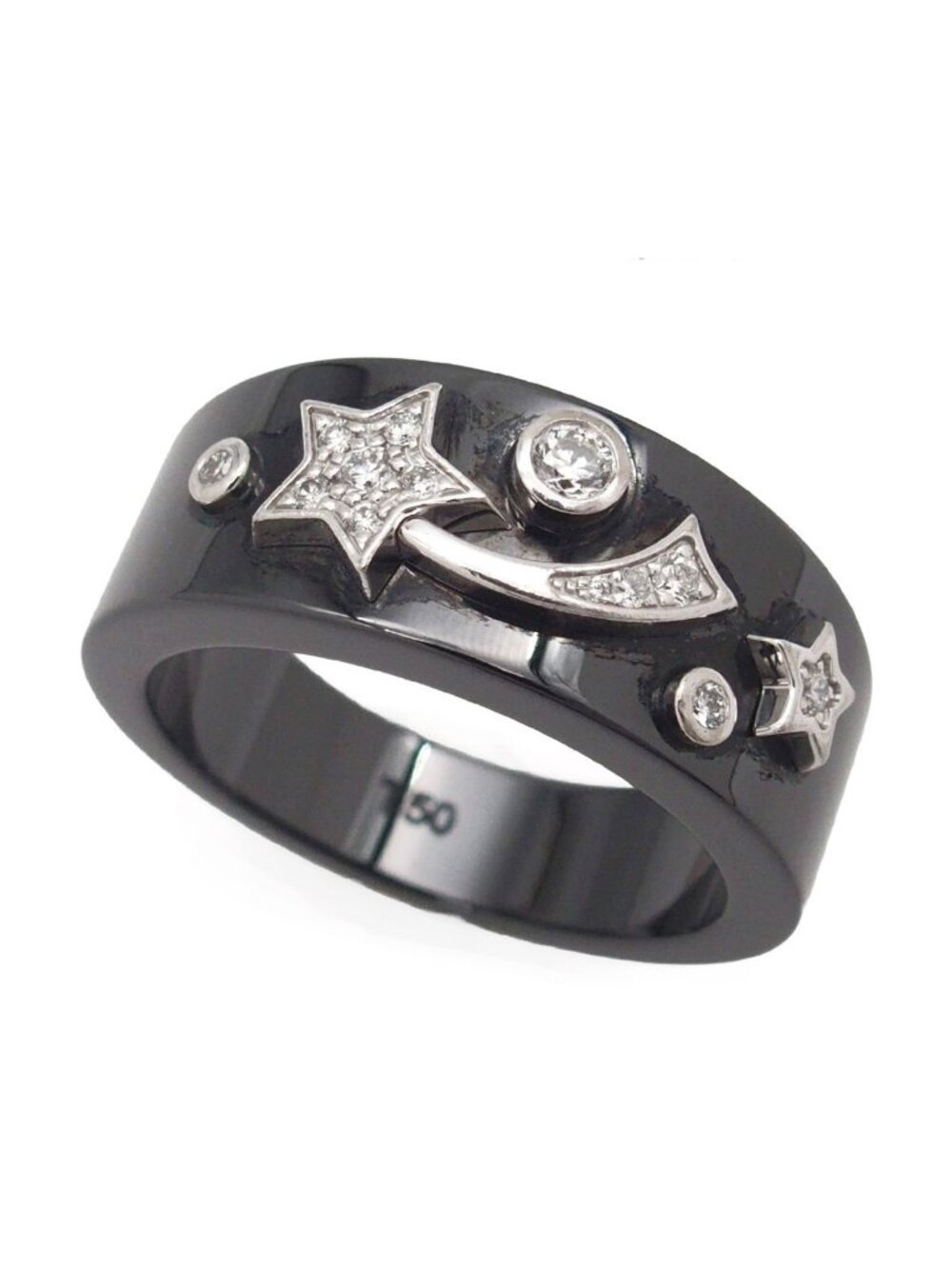 Chanel Cosmic Comet Ring Black White Gold Ceramic 18K Star Pave Diamond